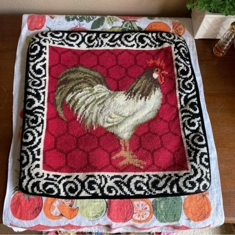 Vintage look black and white Rooster needlepoint pillow